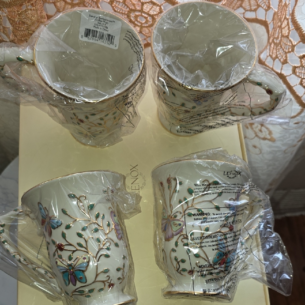 Lenox Butterfly Meadow Mugs - Cream with Gold and Blue Accents